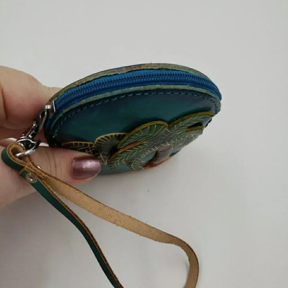 Tropical Palm Tree Wristlet Gift Card Holder Handmade Leather Surfer Mini Purse